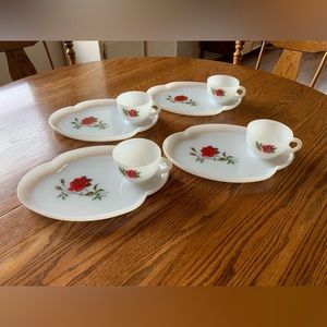 Vintage Federal Glass Red Rose Tea Snack Set